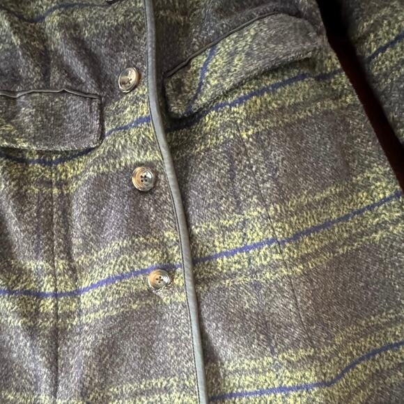 NEW Aporia.AS Wool Blend Plaid Brown Green Long Winter Coat XS leather trim - Picture 9 of 9